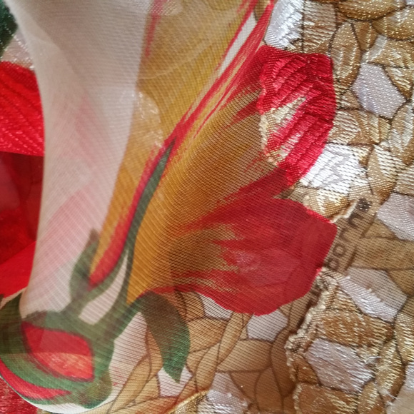Vintage 80s Long Gold and Red Floral Scarf - Picture 2 of 6